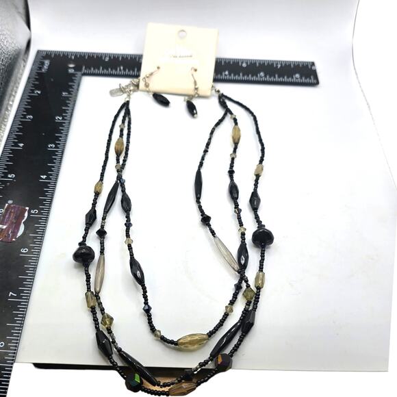 Vintage Necklace Set DaVinci Three Strand Black Seed Beads Dangle Earrings - Picture 1 of 5